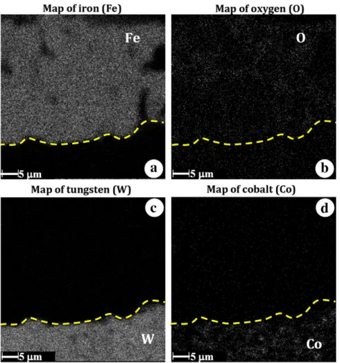 Fig. 13. X-ray analysis and elemental mapping obtained by WDS analysis (see Fig. 11c): (a) Fe map; (b) O map; (c) W map; (d) Co map.