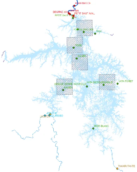 Figure  4.  Localisation  des  zones  d'échantillonnage  dans  le  cadre  du  programme  de  surveillance  DCE  (zones  grisées) et stations d’échantillonnage historique sur Petit-Saut (bleu : affluent amont, orange : transition, vert :  retenue et rouge :