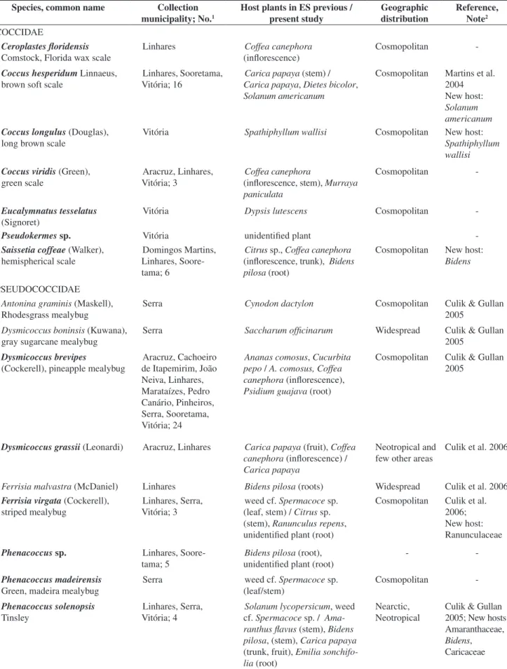 Table 1. Coccidae, Pseudococcidae, Ortheziidae, and Monophlebidae of Espírito Santo (ES), Brazil: this study (2004 - 2006) and previous records