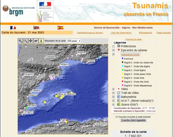 Figure 3 : Carte des observations du tsunami générées par le séisme de 2003, dît de  Boumerdès (extrait de tsunamis.fr, BRGM, 2009) 