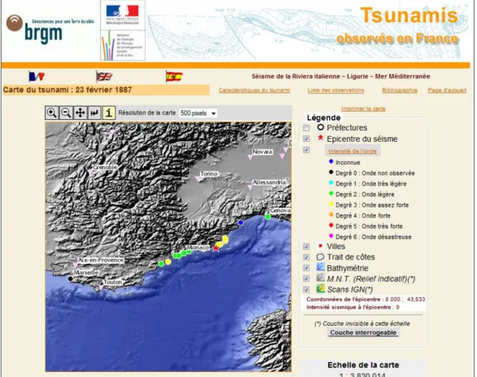 Figure 13 : Lieux d’observation du tsunami de 1887 enregistrés dans la base  tsunamis.fr (BRGM, 2009) 
