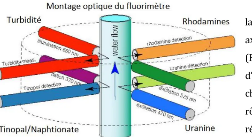 Figure 6 : Montage optique d’un fluorimètre GGUN-FL30   d'après Schnegg et al. (2002)