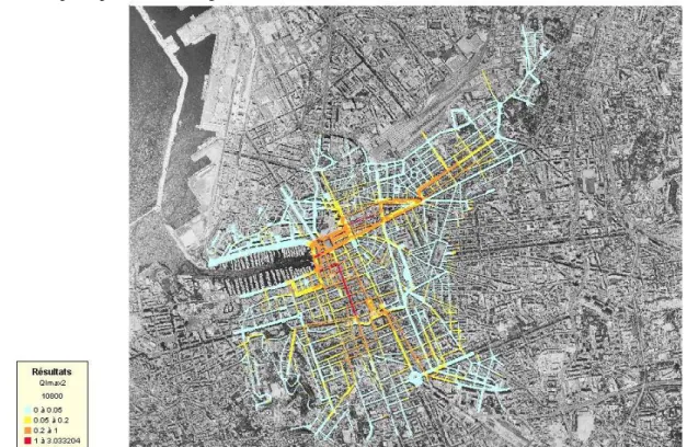 Figure 4 Débits unitaires maximaux sur le bassin versant du Vieux-Port à Marseille (fond: BDOrtho IGN)