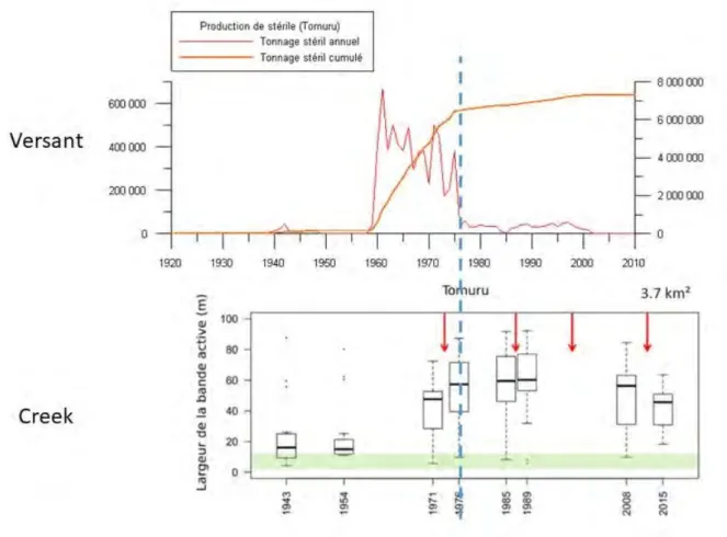 Figure 15 :  Liens entre l’apport de stériles en décharge et l’évolution de la bande active  (exemple du Creek Tomuru) 