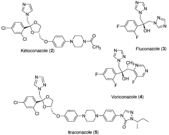 Figure 2 : Structures de la kétoconazole (2), la fluconazole (3), la voriconazole (4) et I’itroconazole (5)
