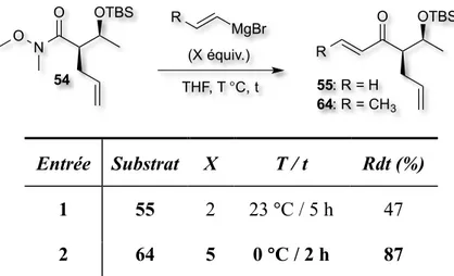 Tableau 4. Addition d’un organomagnésien sur le substrat amide de Weinreb 54 :  modification apportée par Nicolas Lévaray 