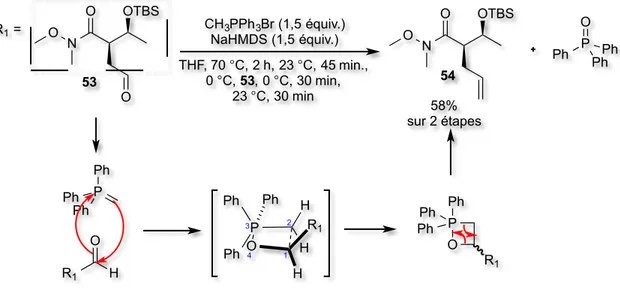 Tableau 9. Conditions de Lebel pour la méthylénation de l’aldéhyde; résultats de Clément  Audubert  Entrée  i-PrOH  (équiv.)  PPh 3 (équiv.)  TMSCHN 2(équiv.)  Catalyseur (mol %)  T °C / t (h)  Conv.* (%)  Rdt isolé (%)  1  1,1  1,1  1,1  CuCl (5)  60/1,5 