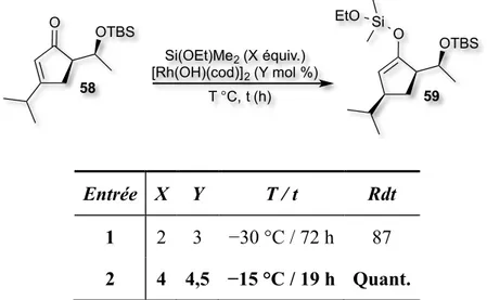 Tableau 14. Hydrosilylation et formation de l’éther d’énol silylé 59 