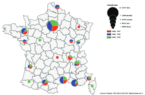 Figure 2 : Localisation géographique des unités de recherche du panel par grands groupes