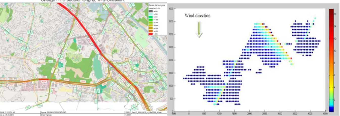 Figure  14:  Configuration  de  simulation  du  trafic,  et  de  la  pollution  atmosphérique  (CopCete,  Polyphemus) et  des  eaux  (SWMMM)  en  métaux Cd, Zn, et Pb, sur la zone expérimentale de Grigny