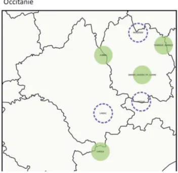Figure 2.4 : Extrait pour les départements occitans de la carte des recensions de Zones de Présence Permanente  de loups en France  