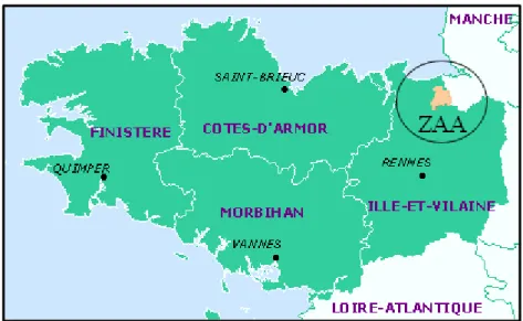 Figure 1 : Localisation de la Zone Atelier Armorique, site de Pleine-Fougères sur la carte des  départements de la Bretagne