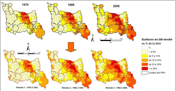 Figure 35 : Comparaison des pourcentages de surfaces cantonales en blé tendre  de la Basse-Normandie entre données RGA des années 1979, 1988 et 2000 (en  haut) et données extraites par périodes de la BDD « Bocages normands » (en bas) 