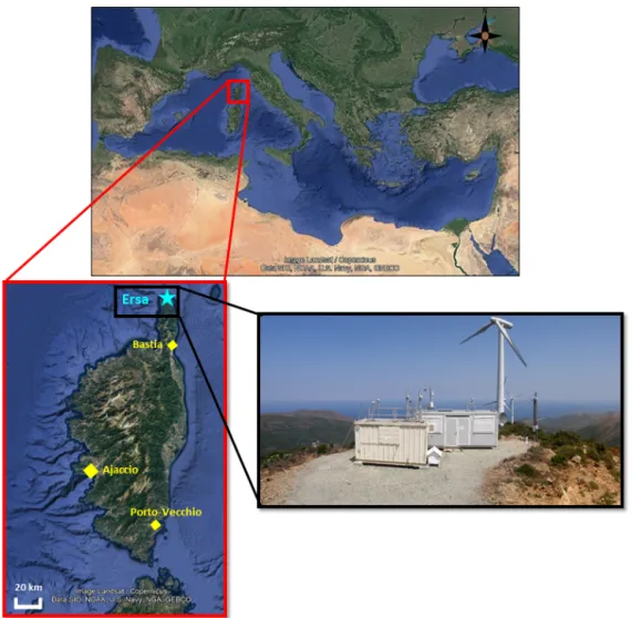 Figure 1. Maps of the Mediterranean region and Corsica (source Google Earth) and view of the sampling station