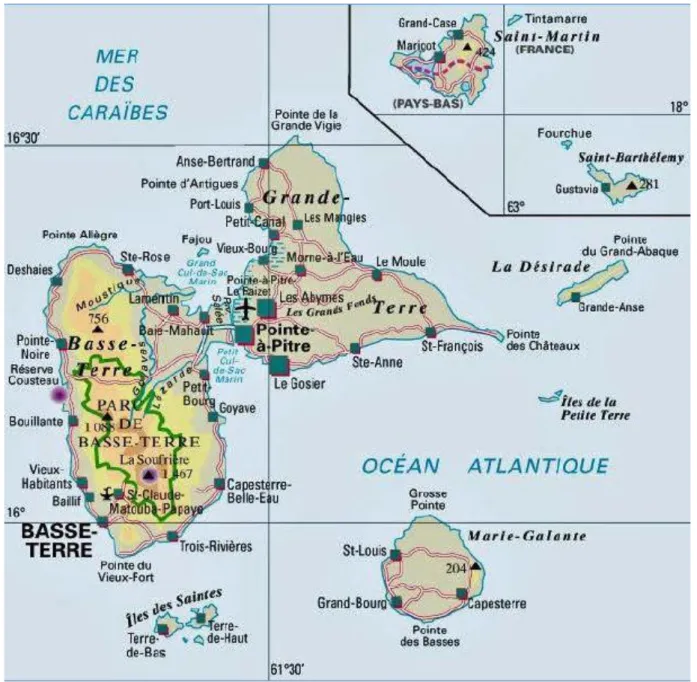 Figure 1 : Carte physique de la Guadeloupe, région monodépartementale de l’Outre-mer français              (Tirée de l’Institut de l’élevage, 2008) 