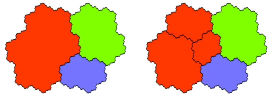 Fig. 1. The classical Rauzy fractal with its subtiles (left), and their self-affine decom- decom-positions (left).