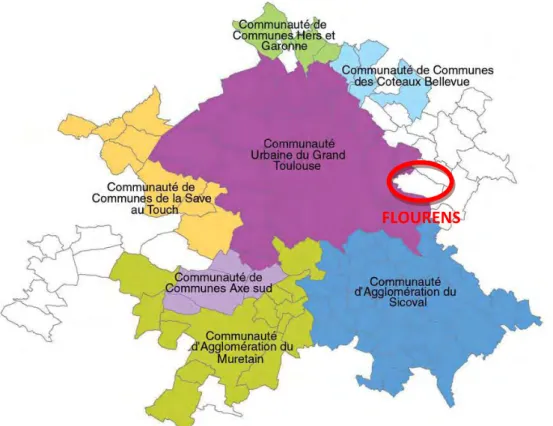 Figure 9 : Intercommunalités à Toulouse et ses environs, dans le périmètre couvert par le SMEAT (SICOVAL, 2010) 