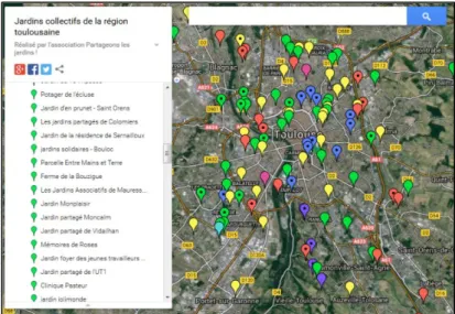 Figure 7 : Carte des jardins collectifs de Partageons les jardins 