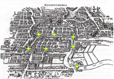 Figure 1. Königsberg’s map. The stars highlight the seven bridges’ placement. 