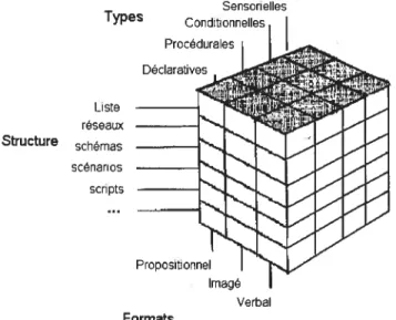 Figure 2. Représentation tridimensionnelle des connaissances en MLT selon leur format, leur type et leur structure.