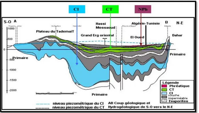 Figure  5:    Coupe  hydrologique  à  travers  le  Sahara  septentrionale  (United  Nations  Educational Scientific and Cultural Organisation [UNESCO], 1972)