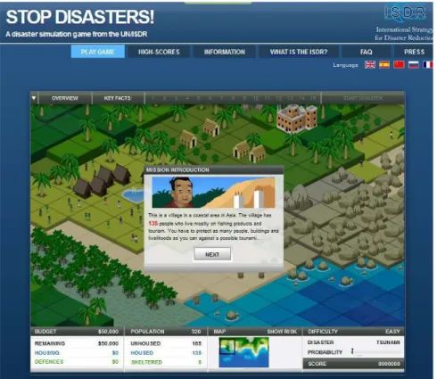 Figure 10 : Stop Disasters ! (Playerthree and UN/ISDR, 2007), interface de jeu, introduction.