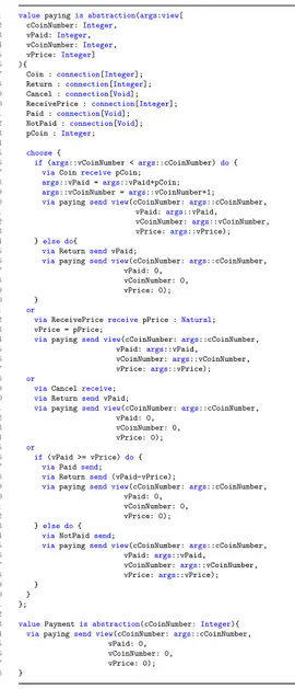 Figure 8: Le composant payment de la machine à café exprimé en π-ADL-Spec.