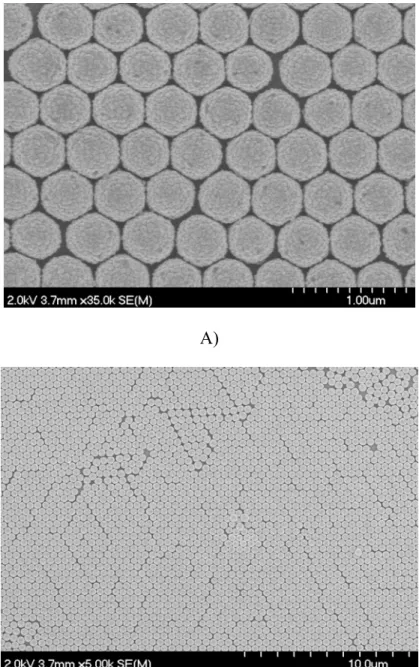 Figure 2.2 : Image SEM de nanosphères de 450 nm de diamètre organisées en  arrangement hexagonal compact
