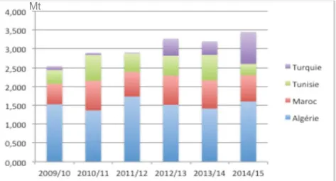 Figure 7 : Evolution des importations au Maghreb et en Turquie (Mt) (FRADIN, 2014) 