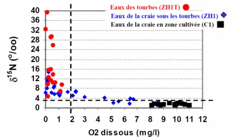 Figure 4.7 : Deux indicateurs de la dénitrification :  δ δδ δ 15 N du nitrate et oxygène dissous  NO 3 0,9 à 110  mg/l (ZH1T) NO 3 40 à 67 mg/l (C1) ZONE SATUREE ZNS BATTEMENT DE LA NAPPENO35 à 35 mg/l(ZH1)rutemporaire craietourbe