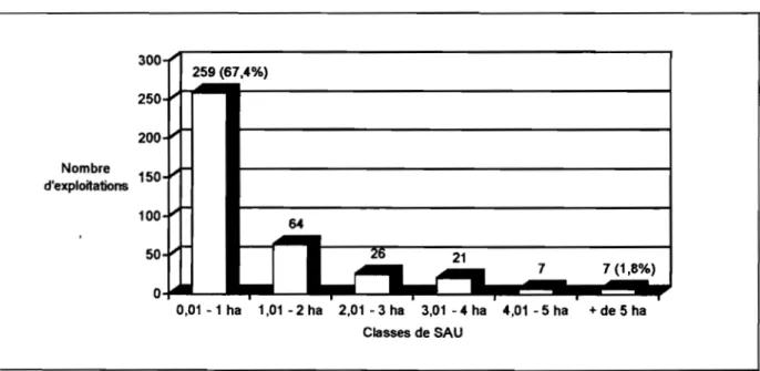 Figure 13. Distribution des exploitations paysannes de type 2 et 4 par classes de SAU dans la région de ouest-Cangahua