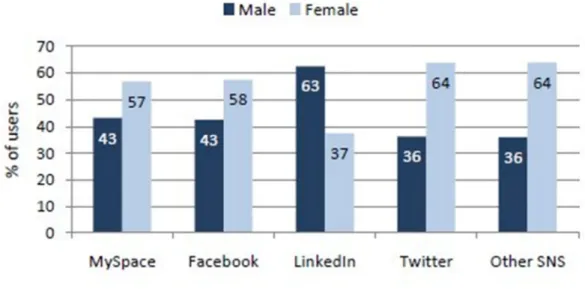 Figure 6: Comparaison entre les sexes dans les réseaux sociaux en 2010 