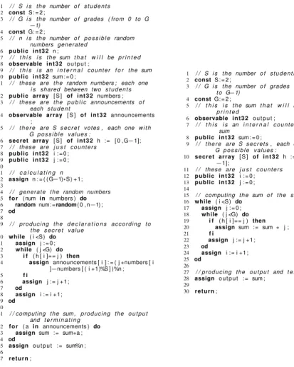 Fig. 6: Grade example: input code for Grade (on the left) and for a protocol revealing only the sum of the grades (on the right).