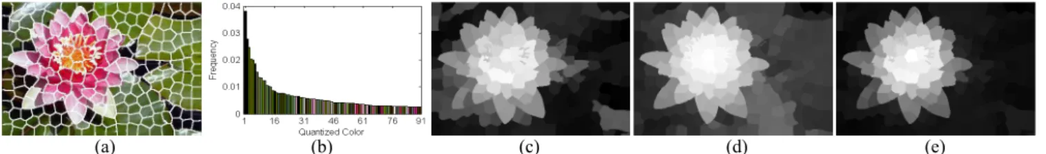 Fig. 1. (a) Superpixel segmentation result, (b) image histogram, (c) the refined global contrast map,(d) the refined spatial sparsity map, and (e) final superpixel-level saliency map.