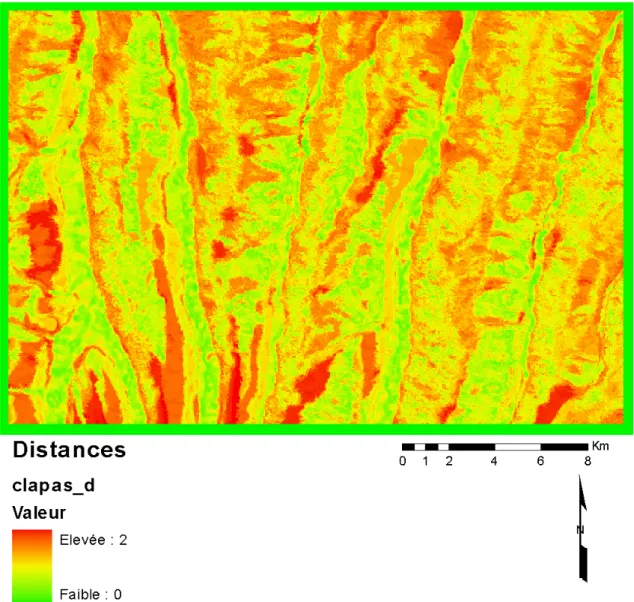Figure 3.5  Carte des distances associée à la prédiction des unités cartographiques générées par clapas