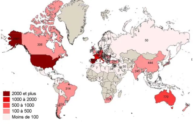Figure 8.  Cartographie mondiale des pays ayant publié sur la thématique V&amp;V (1999-2008) 