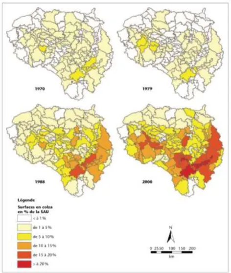 Figure B9 : Evolution des surfaces de colza sur le bassin de la seine entre 1970 et 2000 ;   Source : Schott et al