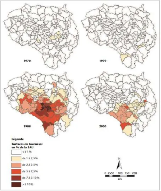 Figure B10 : évolution des surfaces de tournesol sur le bassin de la Seine de 1970 à 2000 ;   Schott et al