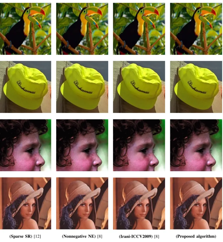 Fig. 5. Visual comparisons between our proposed algorithm and other three methods in the literature on the following images: bird x3, hat x3, head x3, lena x4.
