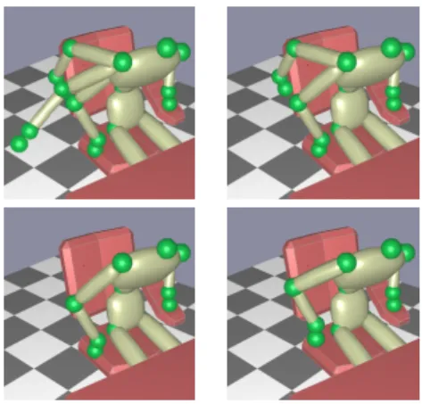 Figure 7: Contact selection process for the right arm. up-left: a database of N = 3 candidate configurations up-right: a proximity query eliminates the candidate too far from contact