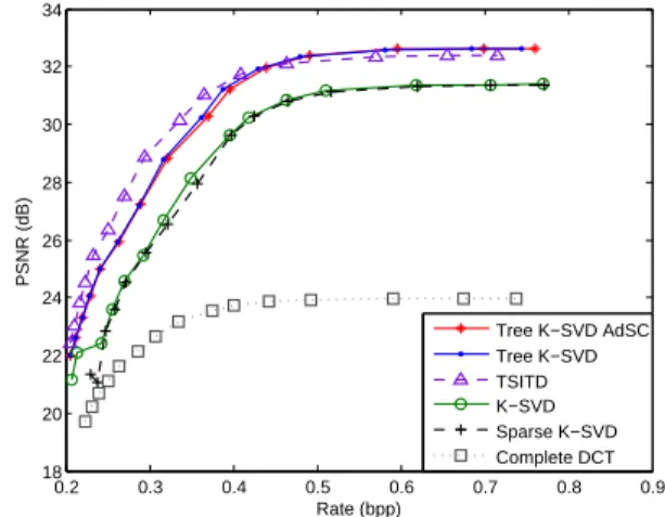 Fig. 4: Rate-distortion curves for Tree K-SVD and reference dictionaries (K=256). The sparsity constraint is set to 2.