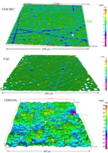 Figure 2: 3D representation of surface topology  analysed by focus variation 3D optical  measurements of CAC, CEM III/C (similar to CEM I) (X20) and CEM I-Ox (X50) pastes  3.2  Microscopic observation of biofilms  