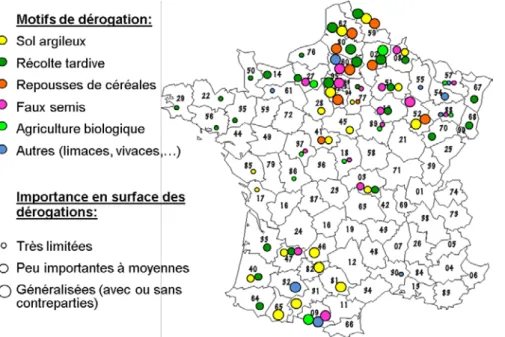 Figure 4. Localisation et  importance (en surface) des  différents motifs de dérogations 