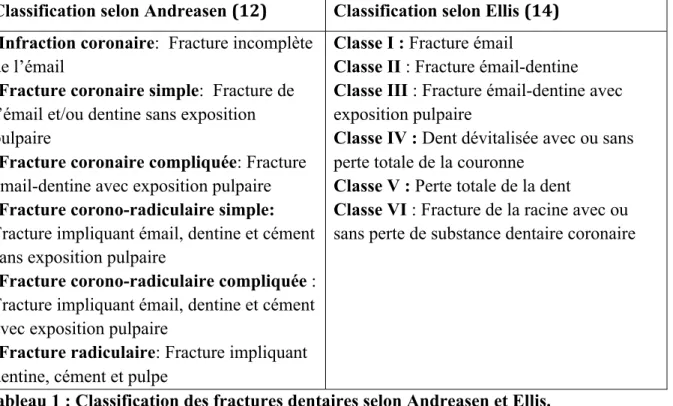 Tableau 1 : Classification des fractures dentaires selon Andreasen et Ellis.  