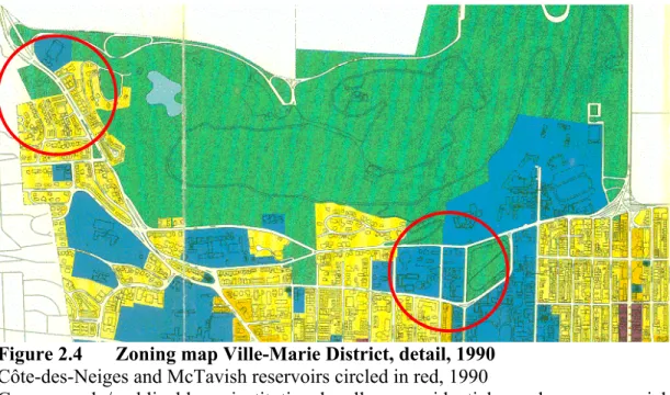 Figure 2.4   Zoning map Ville-Marie District, detail, 1990  Côte-des-Neiges and McTavish reservoirs circled in red, 1990 