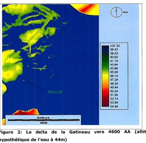 Figure 2: Le delta de la Gatineau vers 4600 AA (altitude hypothétique de l’eau à 44m)