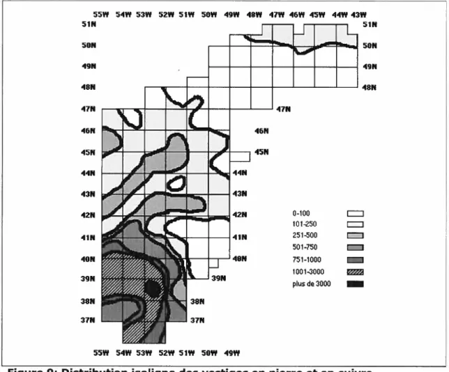 Figure 9: Distribution isoligne des vestiges en pierre et en cuivre (source : Lalibetté 1999)