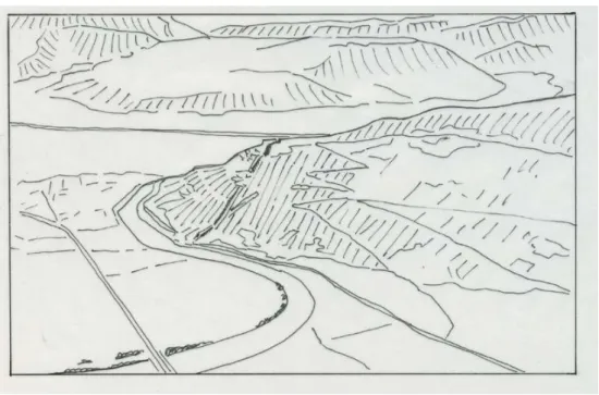 Figure 4 : Croquis de l’auteur d’après une image d’écran oblique-3D de l’espace correspondant à l’aquarelle Alpine landscape vu de l’E: la vallée de l’Isère, le versant est du Mont Rachais  et la clue de Grenoble à l’arrière-plan