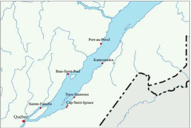 Figure 1.  Localisation des quais à travers l’estuaire  Les quais du corpus à l’étude se situent dans le Haut-estuaire, 