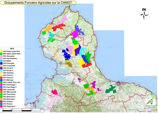 Figure 2 : Carte des 24 GFA du Nord Grande-Terre de la CANGT ; Source Chambre Agriculture 2017 